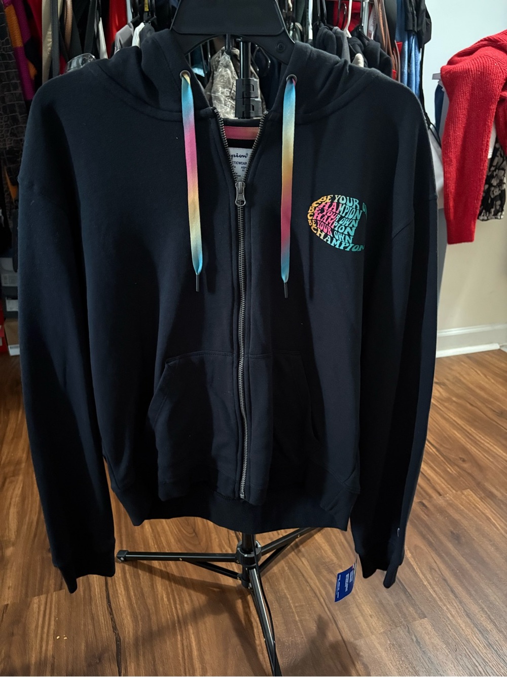 Champion Black Zip Hoodie with Rainbow Drawstrings